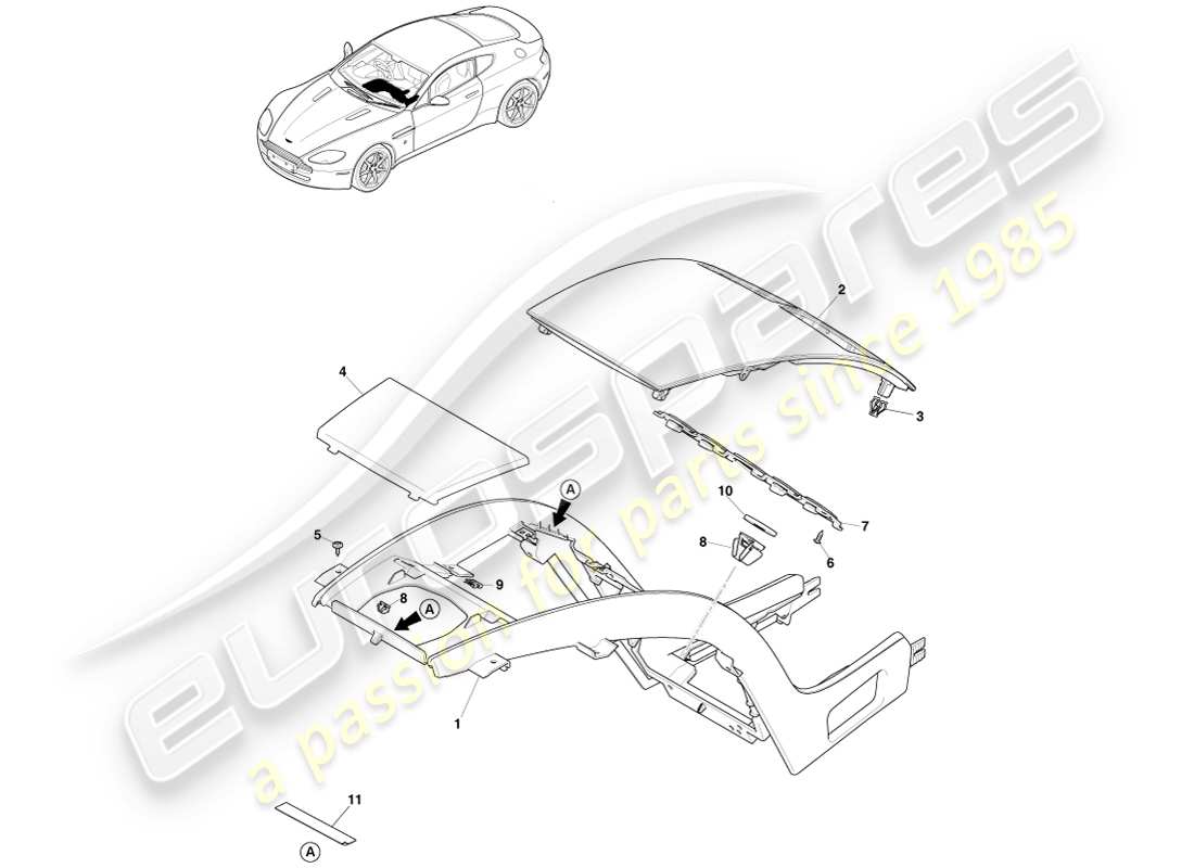 aston martin v8 vantage (2005) stack centrale, meno navigatore satellitare a 16my diagramma delle parti