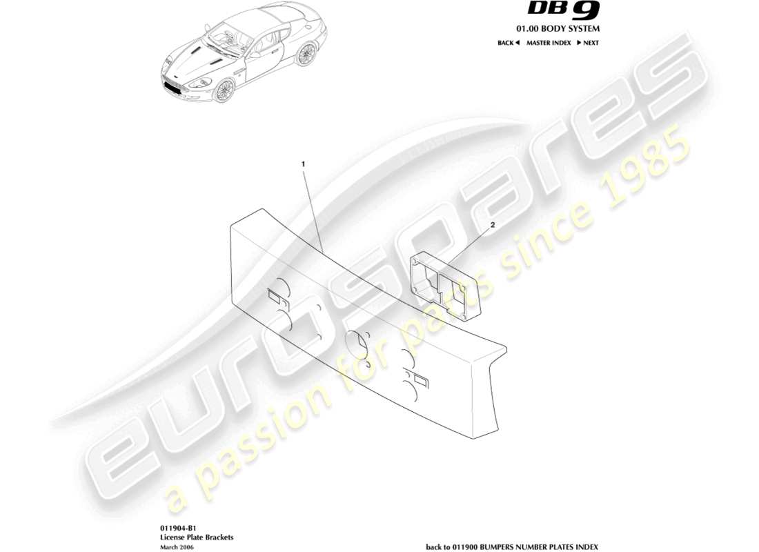 aston martin db9 (2011) kennzeichenhalter teilediagramm