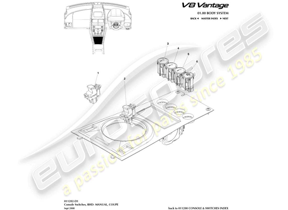 aston martin v8 vantage (2014) interruttori console, coupé, diagramma delle parti con guida a destra