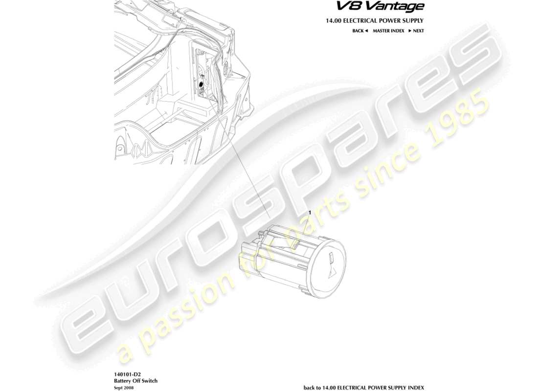 aston martin v8 vantage (2012) diagramma delle parti dell'interruttore di spegnimento della batteria