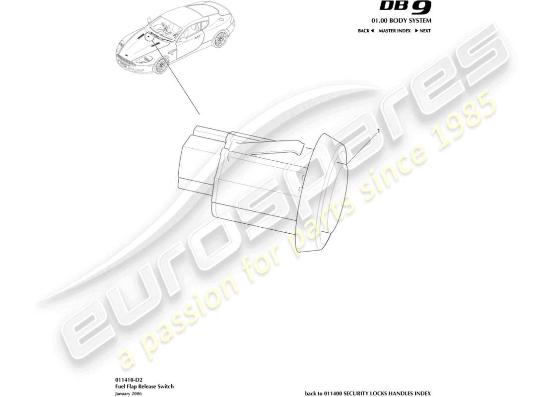 aston martin db9 (2010) interruttore di rilascio del bocchettone di rifornimento del carburante diagramma delle parti