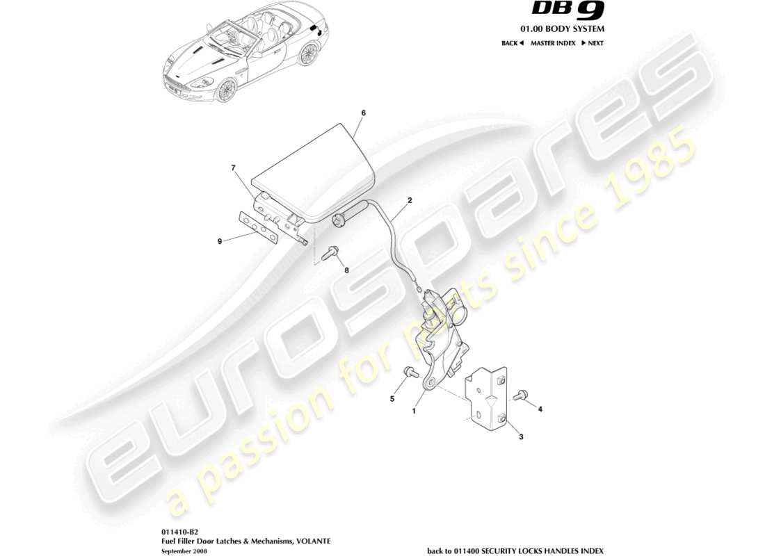 aston martin db9 (2011) kraftstoffeinfüllmechanismus, volante teilediagramm