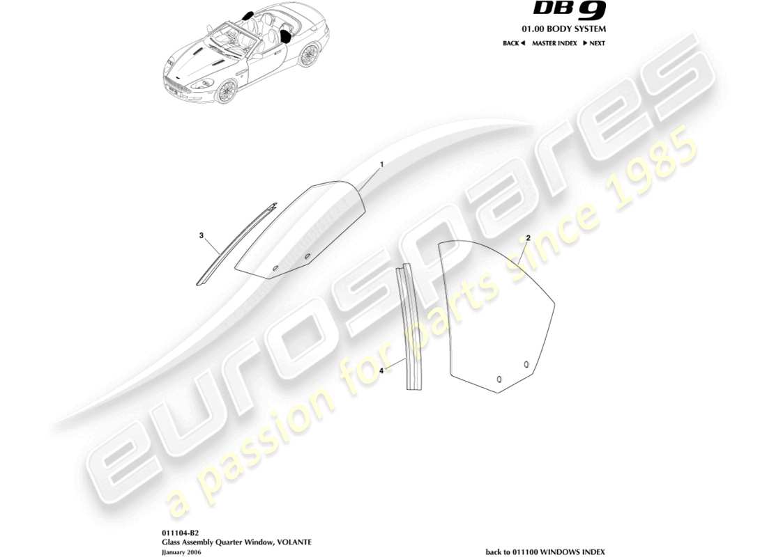 aston martin db9 (2009) vetro del quarto posteriore, volante diagramma delle parti