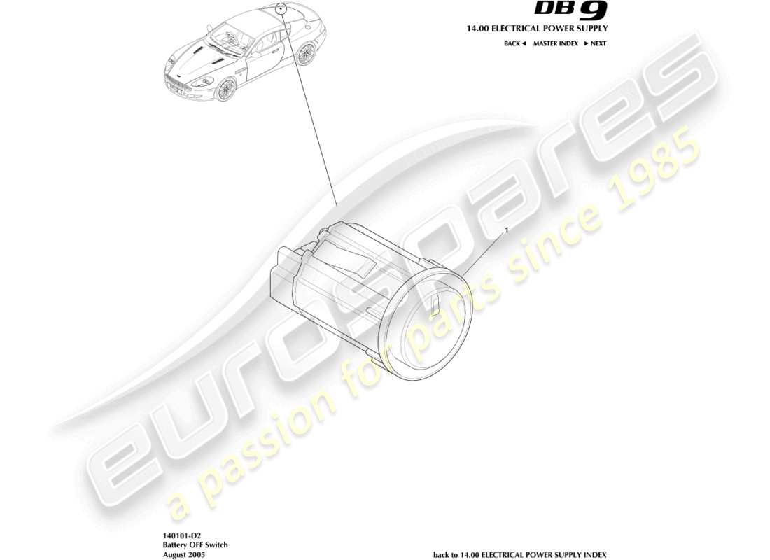 aston martin db9 (2009) batterie-ausschalter teilediagramm