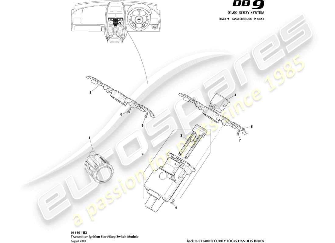 aston martin db9 (2007) diagramma delle parti del modulo di avvio/arresto
