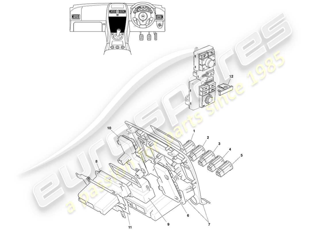 aston martin v8 vantage (2005) diagramma delle parti dei controlli multimediali