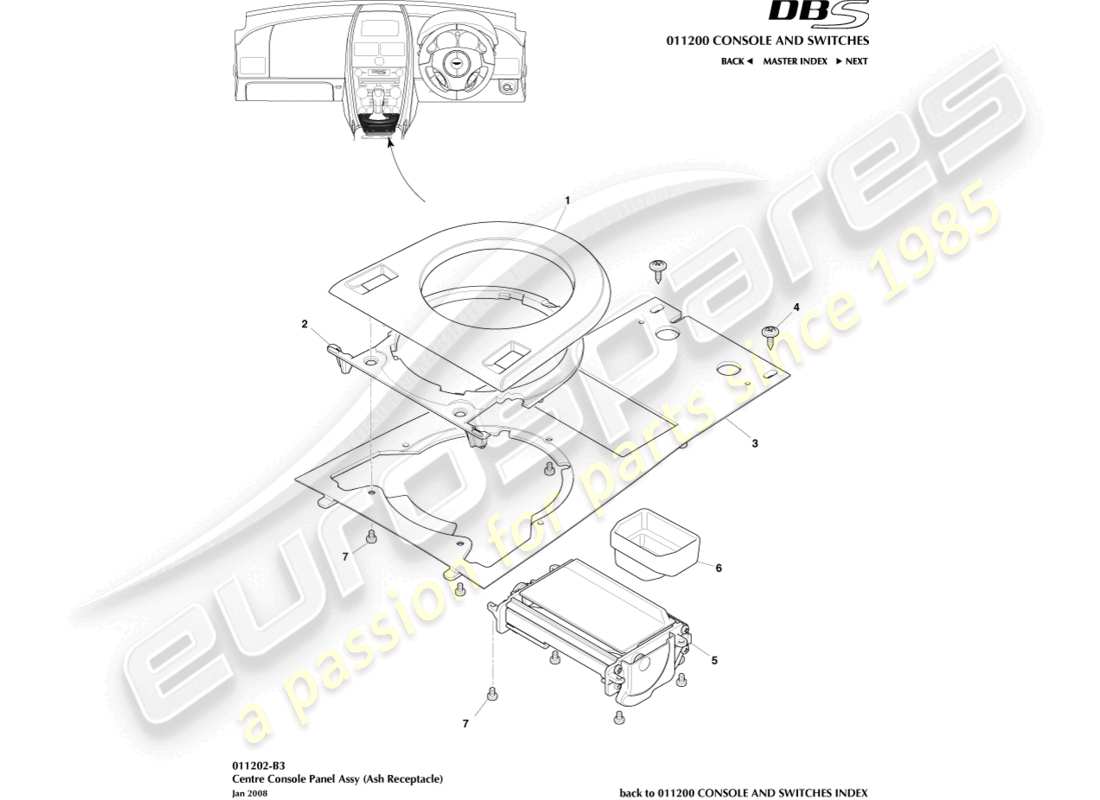 aston martin dbs (2012) console centrale, manuale diagramma delle parti