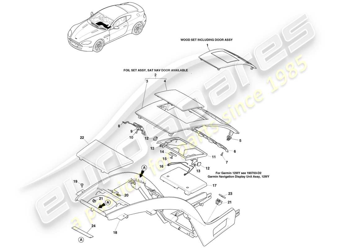 aston martin v8 vantage (2007) pila centrale, con navigatore satellitare, al diagramma delle parti 16my