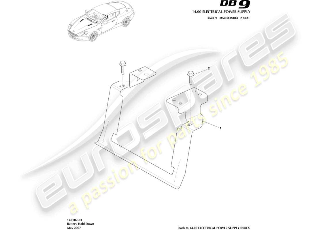 aston martin db9 (2005) diagramma delle parti dei dispositivi di bloccaggio della batteria