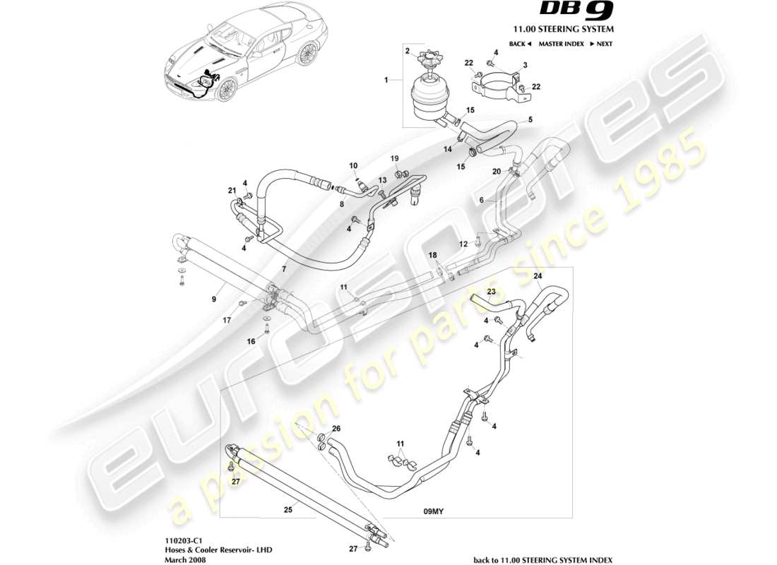 aston martin db9 (2010) raffreddatore, tubi flessibili e serbatoio, diagramma delle parti con guida a sinistra