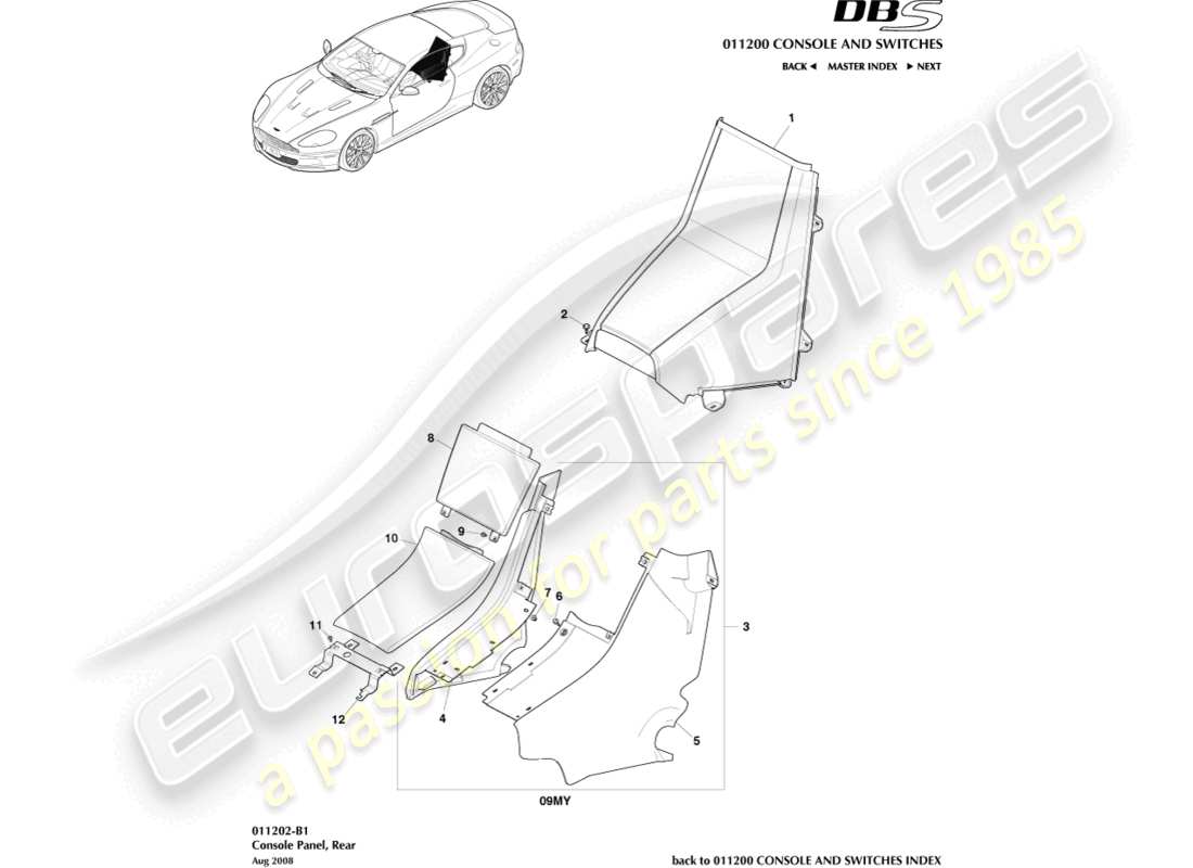 aston martin dbs (2010) rückkonsole, coupé teilediagramm