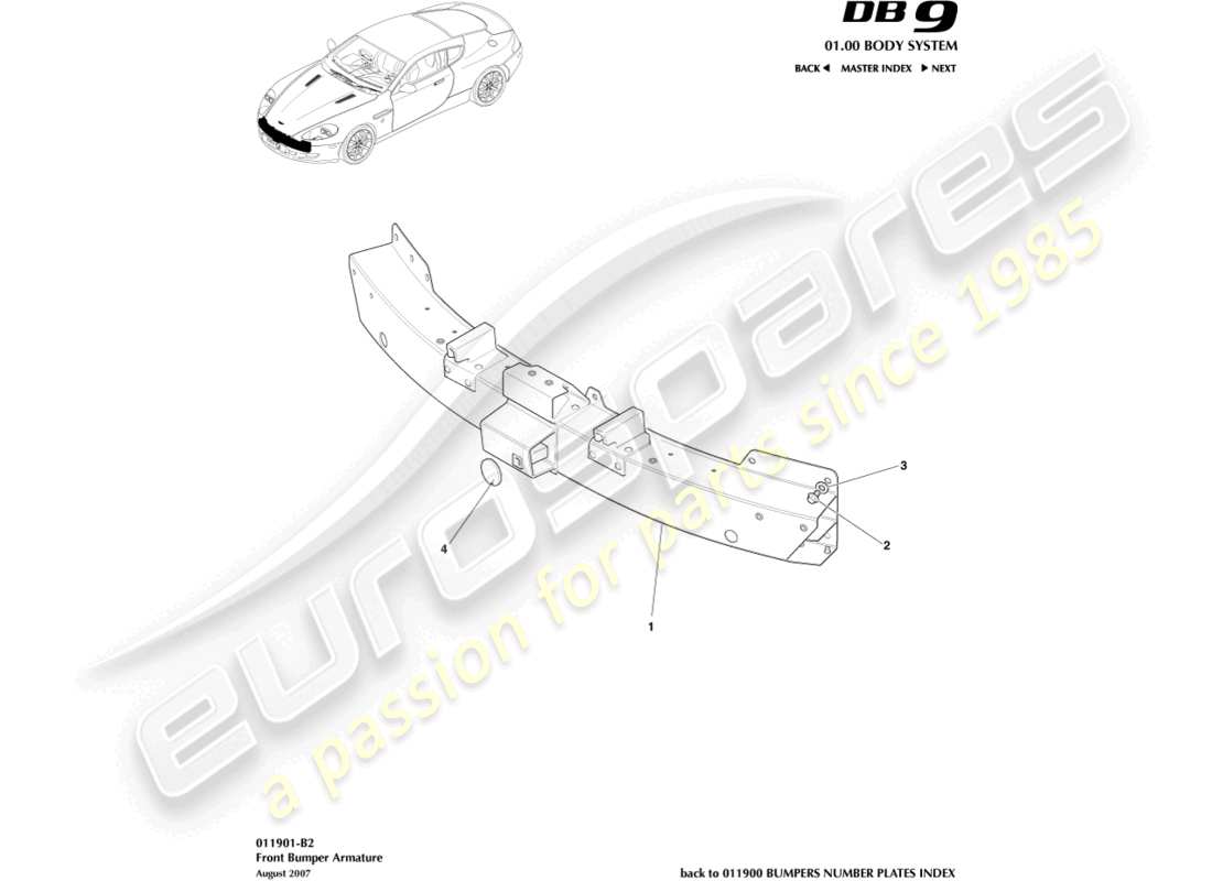aston martin db9 (2005) diagramma delle parti dell'armatura del paraurti anteriore