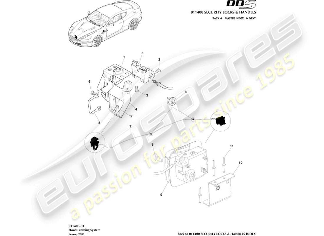 aston martin dbs (2010) haubenverriegelungssystem teilediagramm