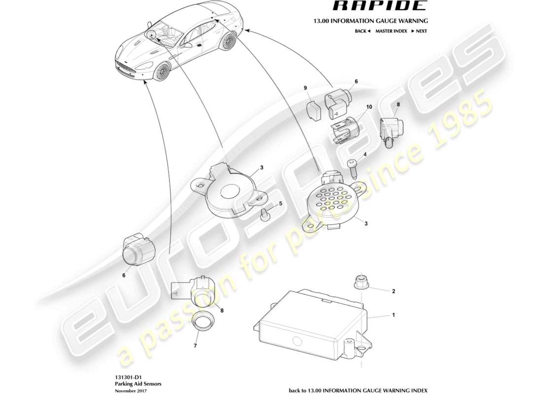 aston martin rapide (2013) sensori di parcheggio diagramma delle parti
