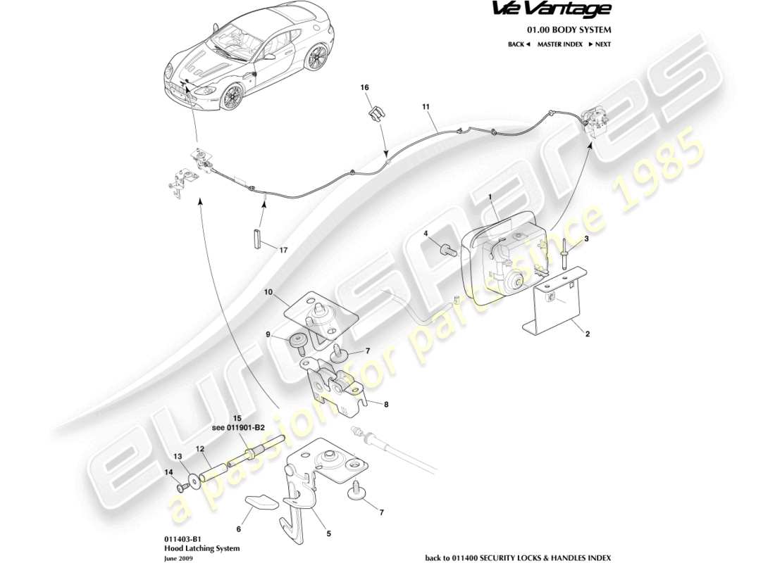 aston martin v12 vantage (2010) schema delle parti del sistema di chiusura del cofano