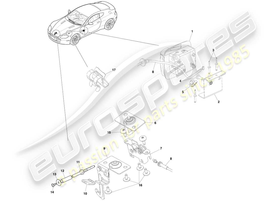 aston martin v8 vantage (2007) schema delle parti del sistema di chiusura del cofano