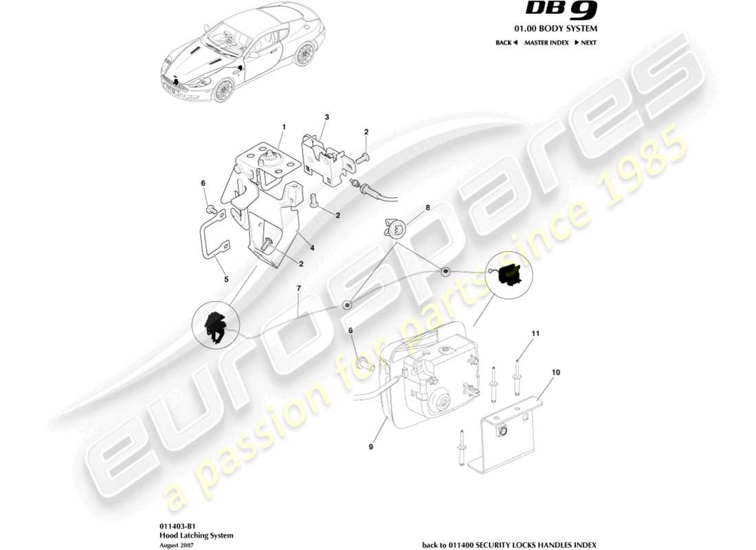 aston martin db9 (2005) schema delle parti del sistema di chiusura del cofano