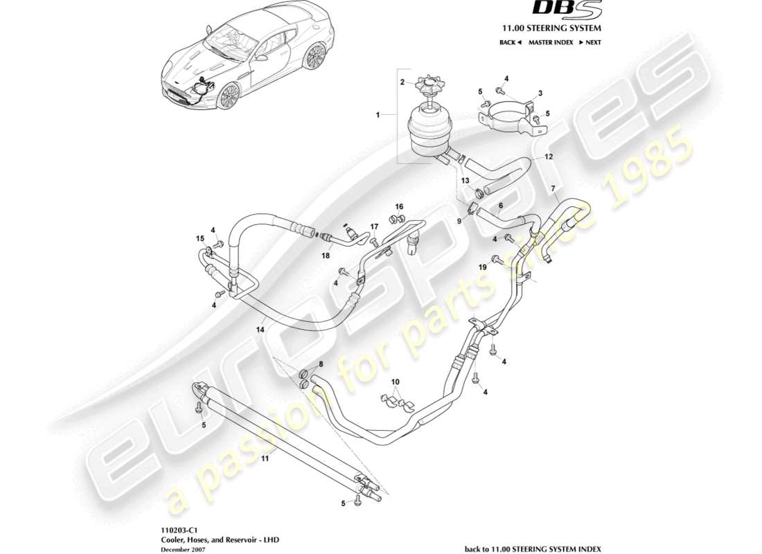 aston martin dbs (2014) dispositivo di raffreddamento, tubi flessibili e serbatoio diagramma delle parti