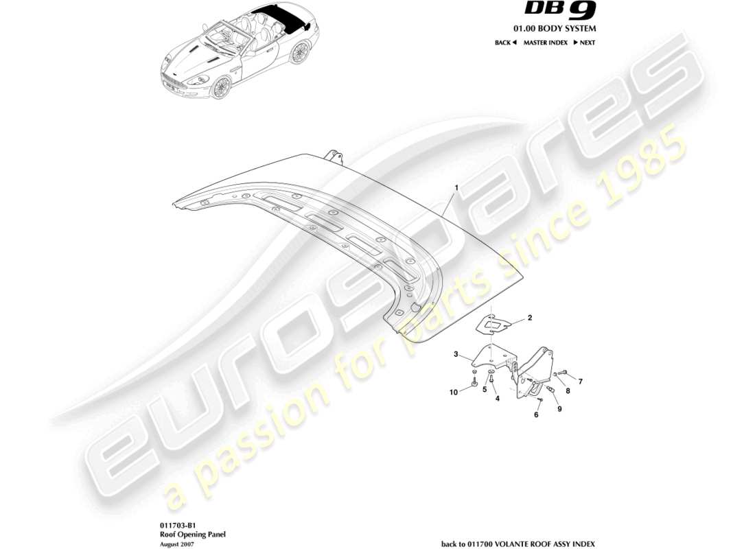aston martin db9 (2005) diagramma delle parti del pannello di apertura del tetto