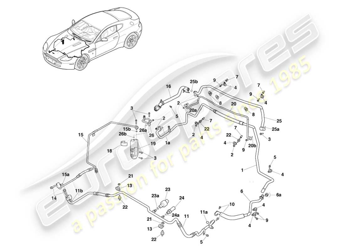 aston martin v8 vantage (2007) linee di aria condizionata, gas hfo1234yf, diagramma delle parti con guida a destra