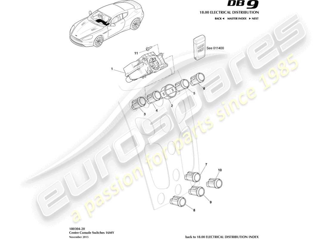 aston martin db9 (2014) interruttori della console centrale, 16my nel diagramma delle parti