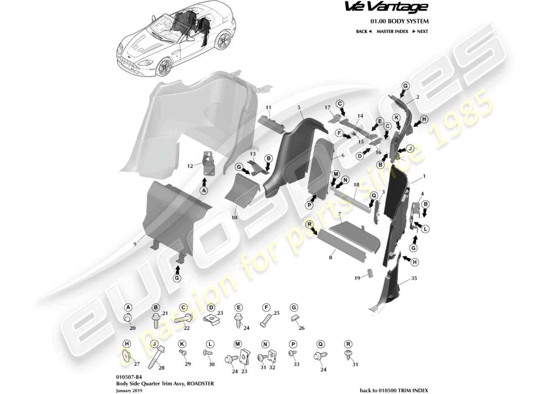 aston martin v12 vantage (2011) rifinitura del quarto laterale della carrozzeria, diagramma delle parti della roadster