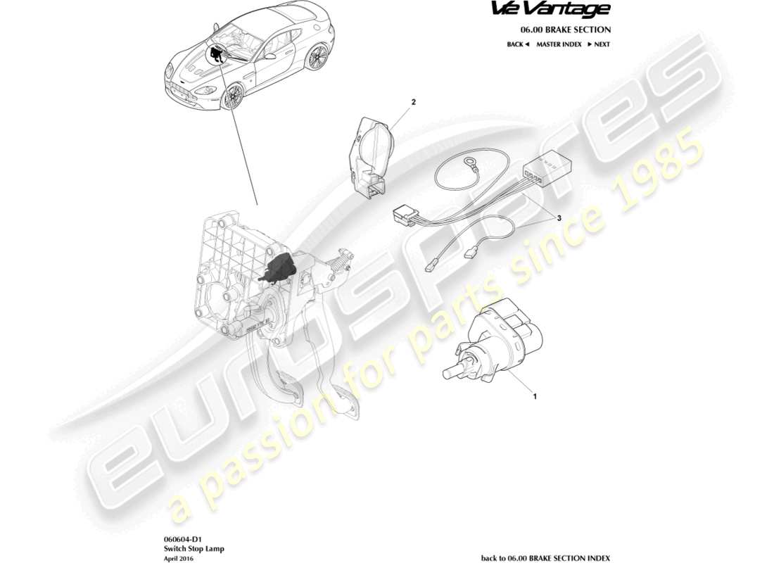 aston martin v12 vantage (2011) diagramma delle parti dell'interruttore della luce di arresto