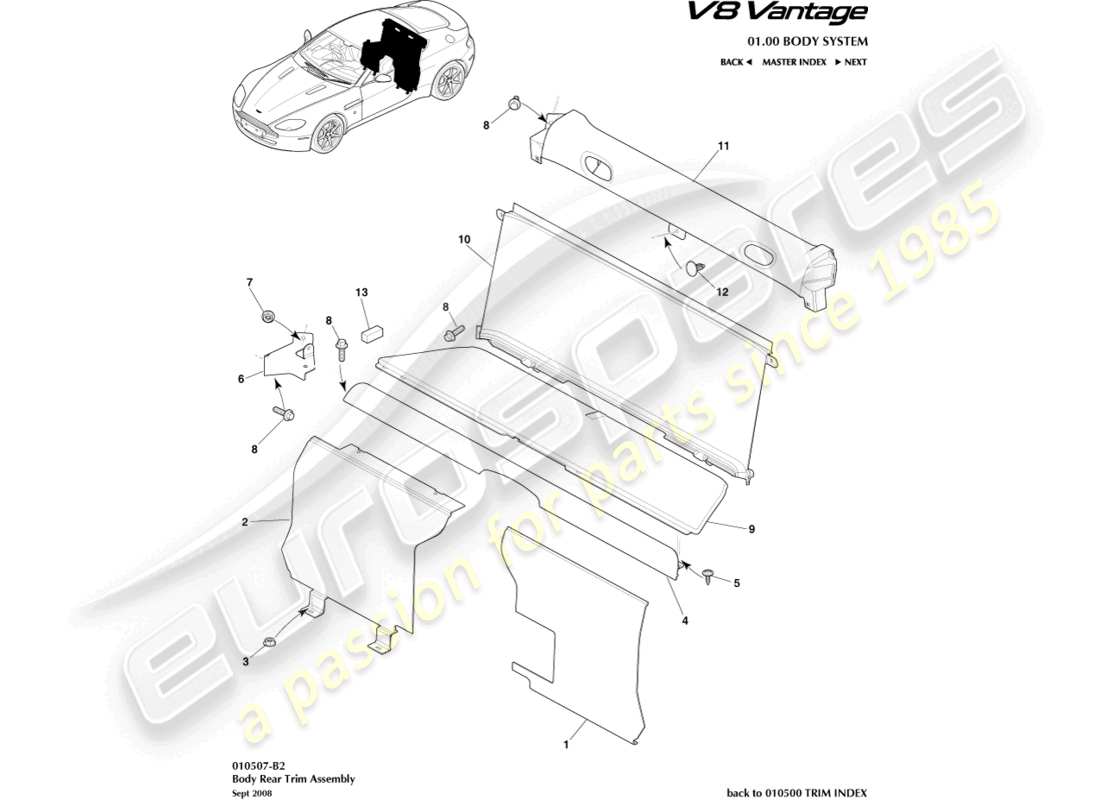 aston martin v8 vantage (2006) rivestimento della parte posteriore, diagramma delle parti della coupé