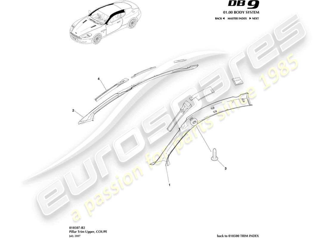 aston martin db9 (2007) schema del rivestimento del montante, della parte superiore e della parte coupé