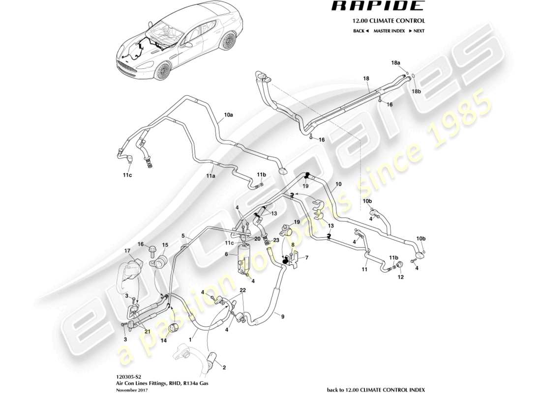 aston martin rapide (2017) linee dell'aria condizionata, r134a, diagramma delle parti con guida a destra