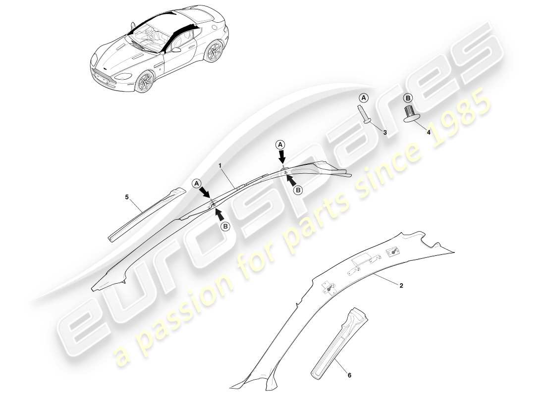 aston martin v8 vantage (2005) schema del rivestimento del montante, della parte superiore e della parte coupé