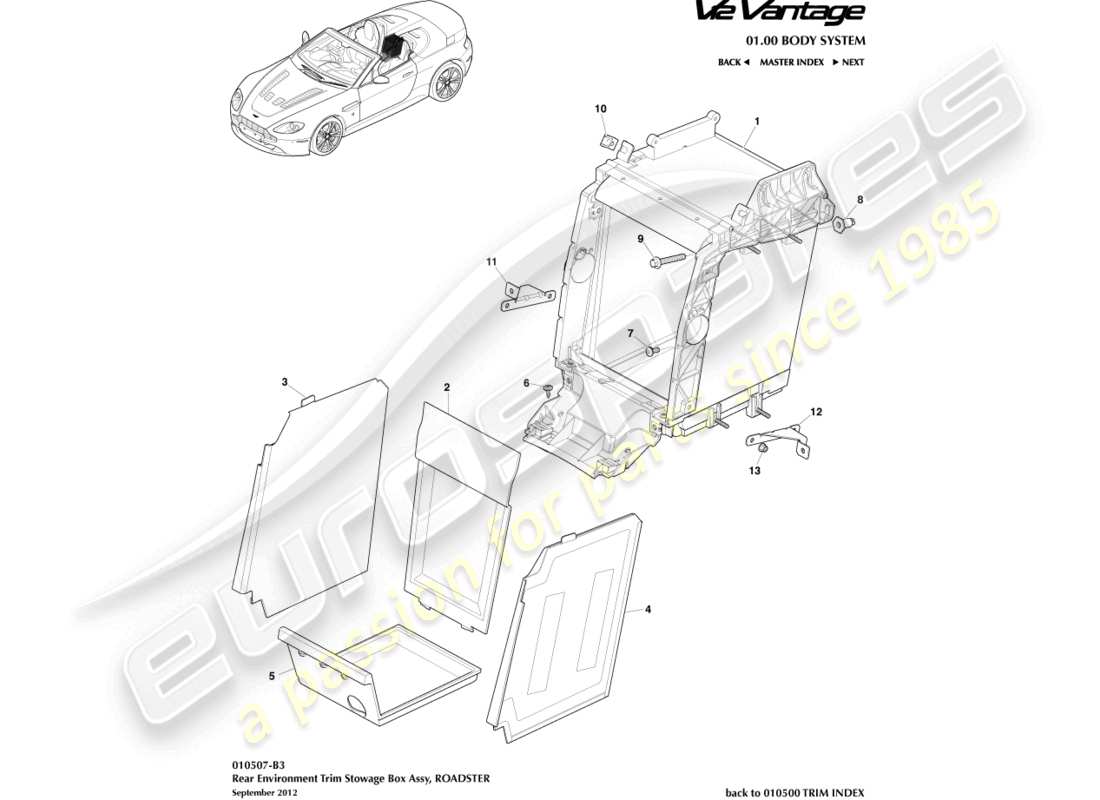 aston martin v12 vantage (2010) rivestimento dell'ambiente posteriore, diagramma delle parti della roadster