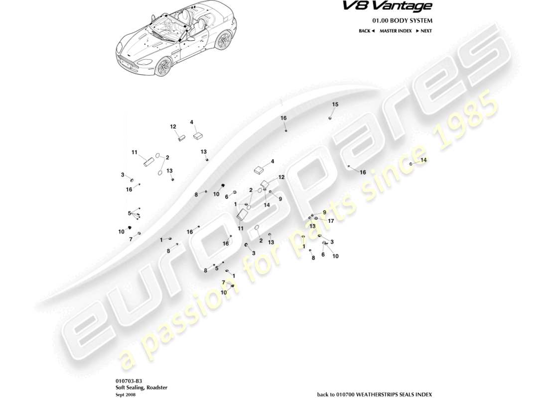 aston martin v8 vantage (2006) tenuta morbida, diagramma delle parti della roadster
