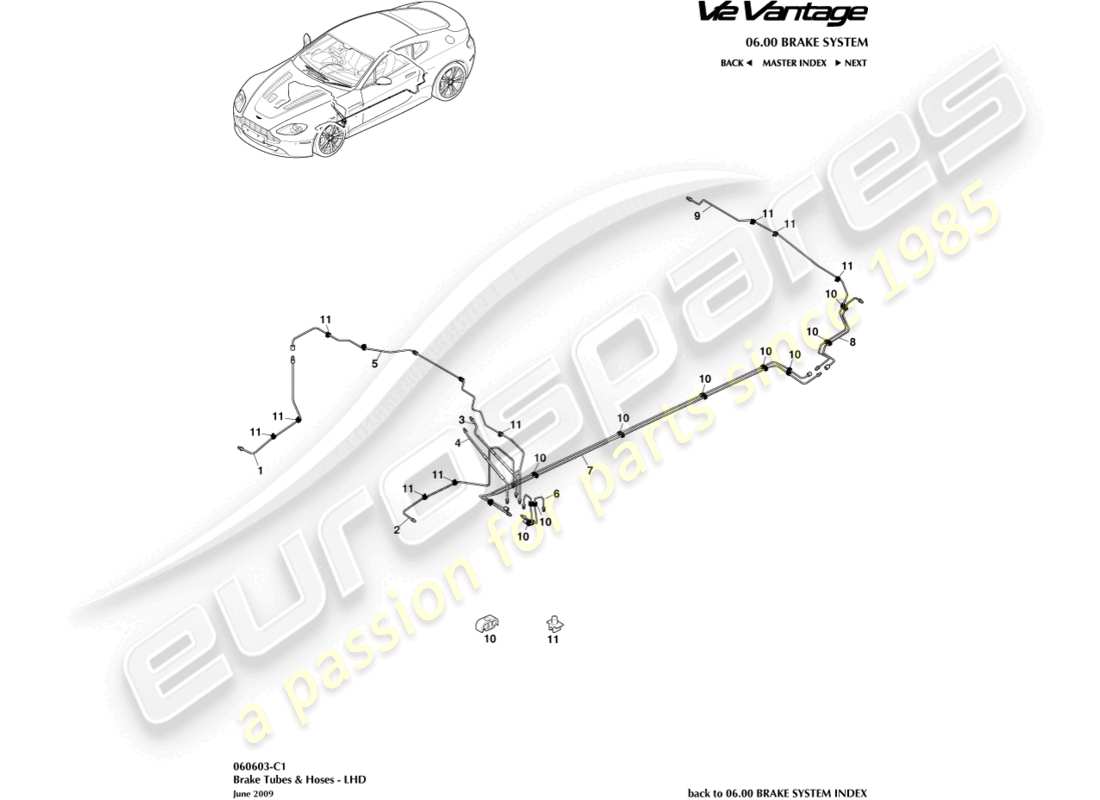 aston martin v12 vantage (2010) diagramma delle parti di tubazioni e tubi flessibili dei freni, guida a sinistra