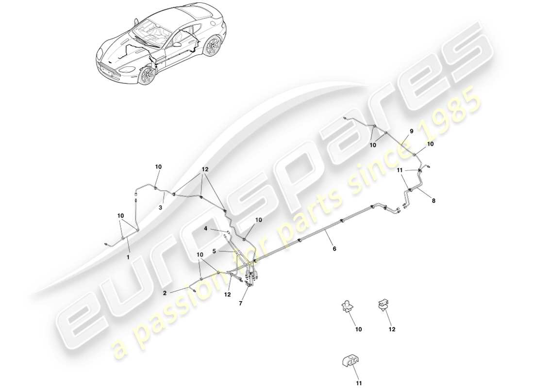 aston martin v8 vantage (2005) diagramma delle parti di tubazioni e tubi flessibili dei freni, guida a sinistra