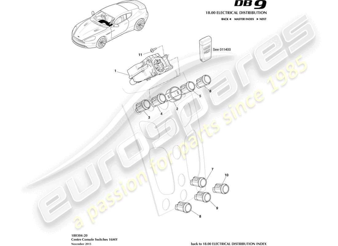 aston martin db9 (2016) interruttori della console centrale, 16my nel diagramma delle parti