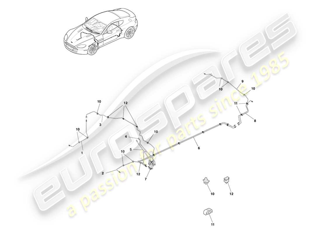 aston martin v8 vantage (2007) diagramma delle parti di tubazioni e tubi flessibili dei freni, guida a sinistra