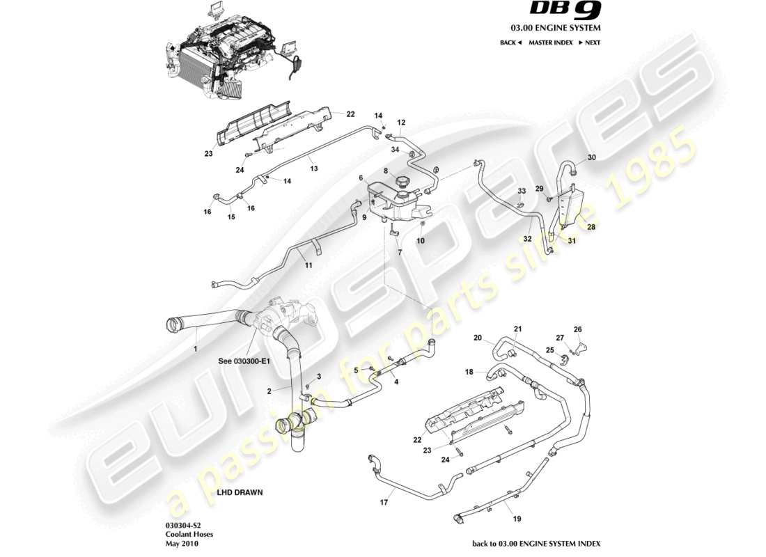 aston martin db9 (2006) tubi e serbatoio del liquido di raffreddamento diagramma delle parti