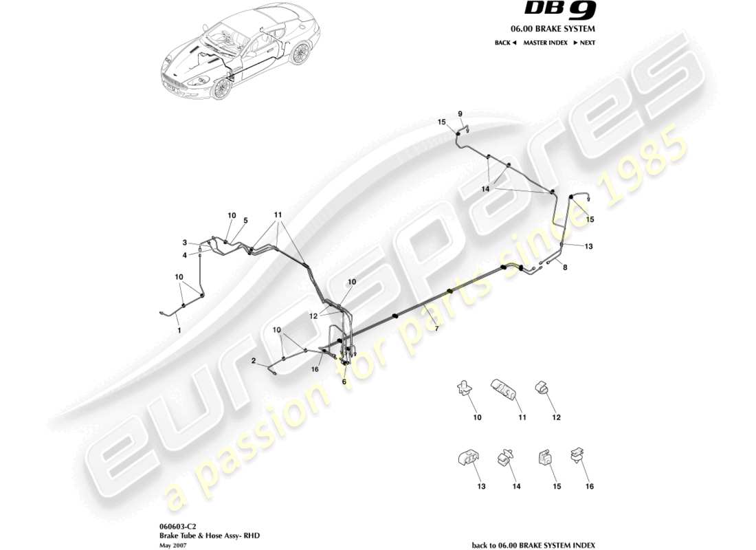 aston martin db9 (2005) diagramma delle parti di tubazioni e tubi flessibili dei freni, guida a destra