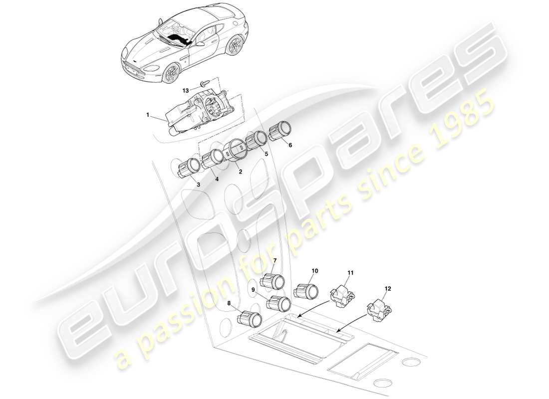 aston martin v8 vantage (2005) interruttori stack centrali, asm, diagramma delle parti 16my