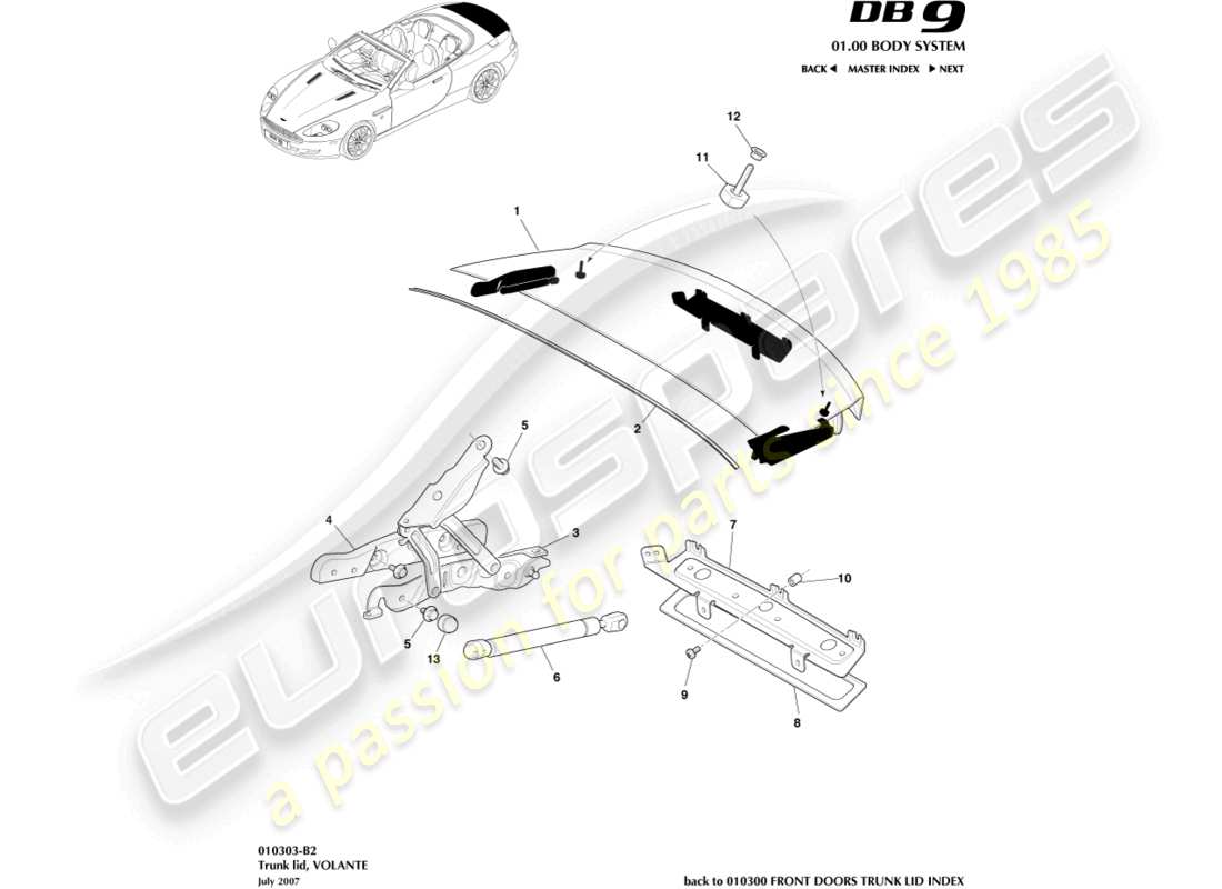 aston martin db9 (2008) coperchio del bagagliaio, volante diagramma delle parti