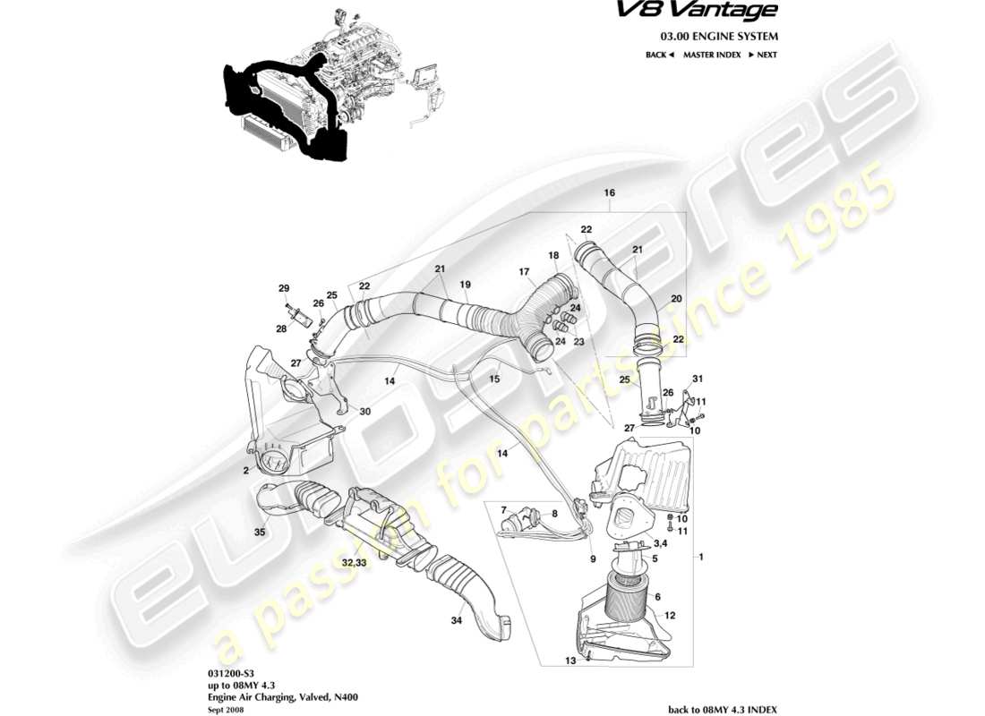 aston martin v8 vantage (2012) ricarica dell'aria, diagramma delle parti n400