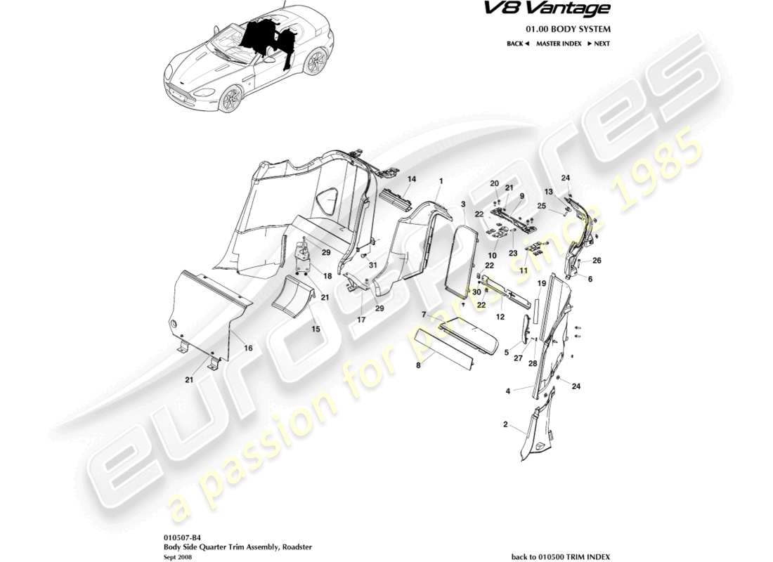 aston martin v8 vantage (2006) rifinitura del quarto laterale della carrozzeria, diagramma delle parti della roadster