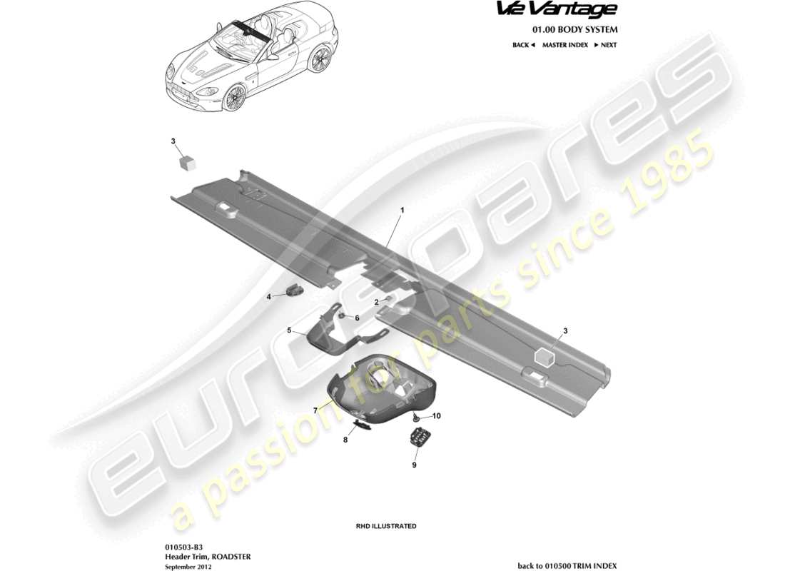 aston martin v12 vantage (2011) rivestimento della testata, diagramma delle parti della roadster
