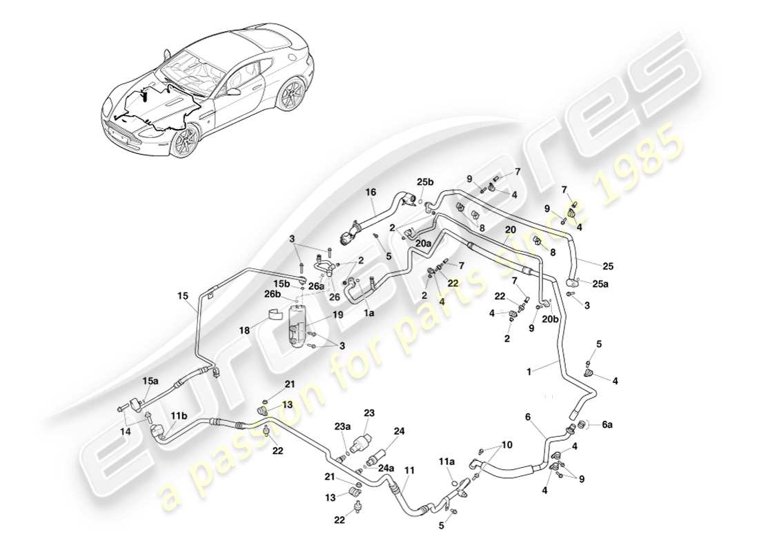 aston martin v8 vantage (2005) linee di aria condizionata, gas hfo1234yf, diagramma delle parti ehd