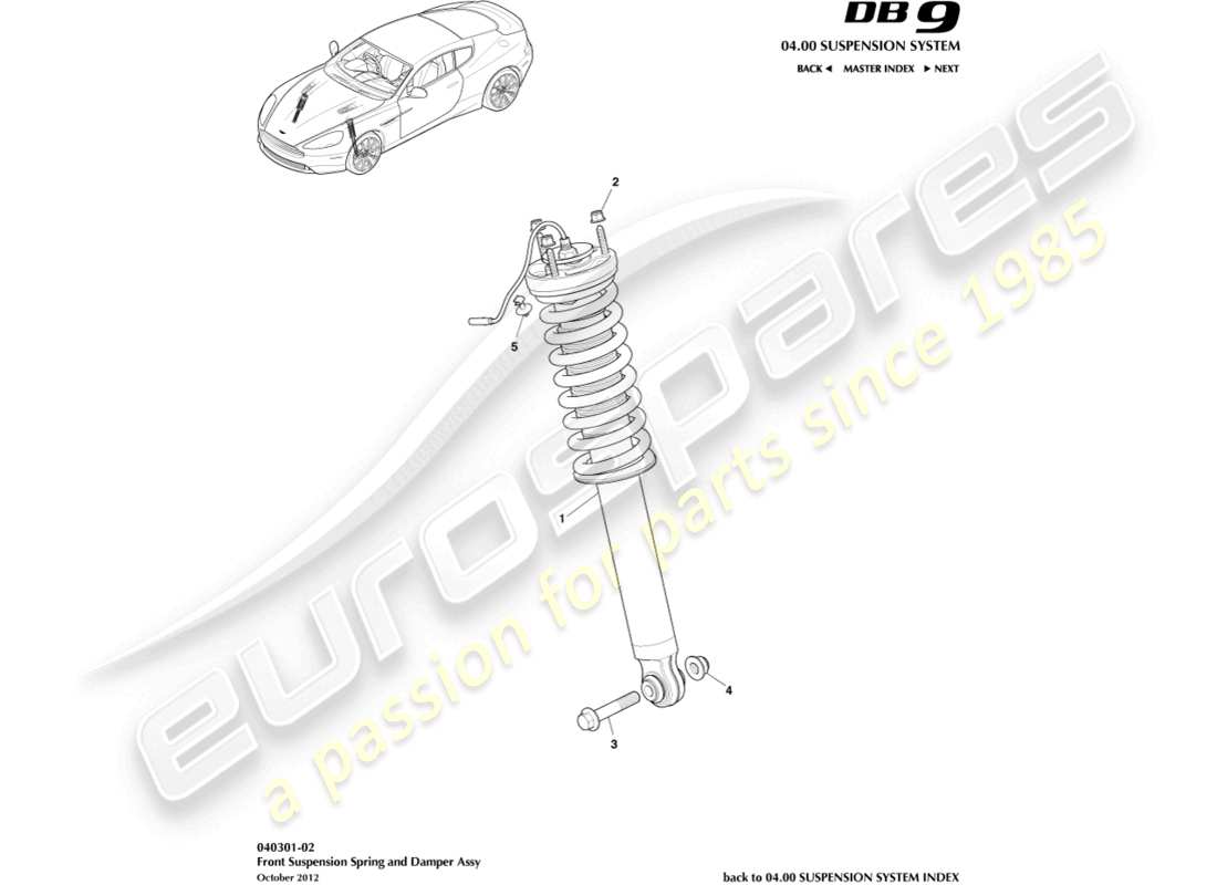 aston martin db9 (2014) diagramma delle parti della molla anteriore e dell'ammortizzatore