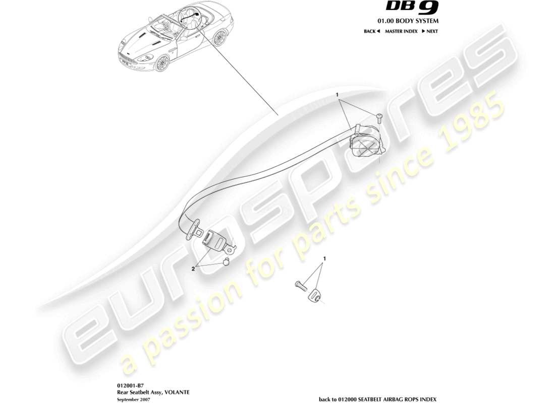aston martin db9 (2010) cinture di sicurezza posteriori, schema delle parti del volante