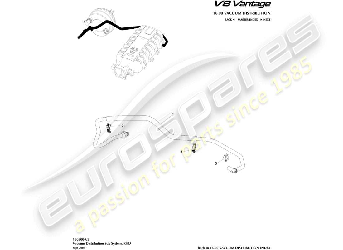 aston martin v8 vantage (2012) tubo del vuoto, diagramma delle parti con guida a destra