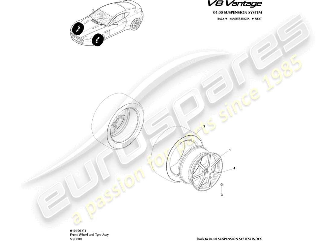 aston martin v8 vantage (2006) ruote e pneumatici anteriori, al diagramma delle parti 09my