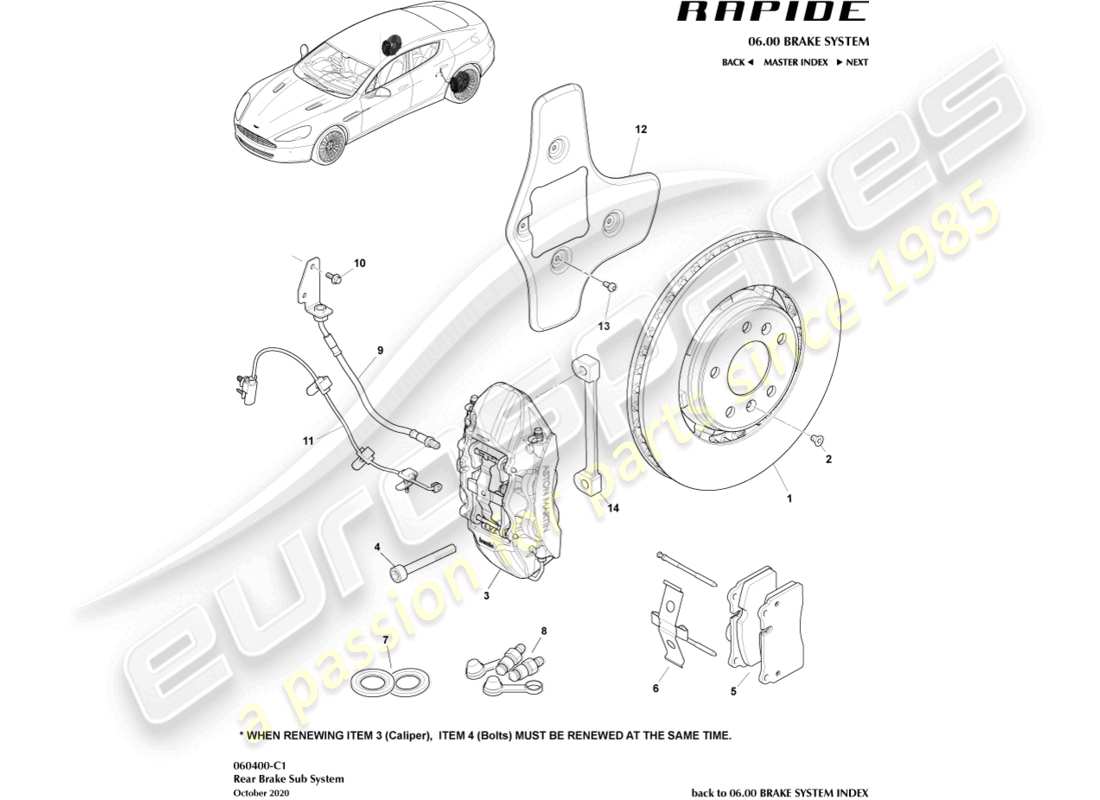 aston martin rapide (2013) sistema frenante posteriore diagramma delle parti